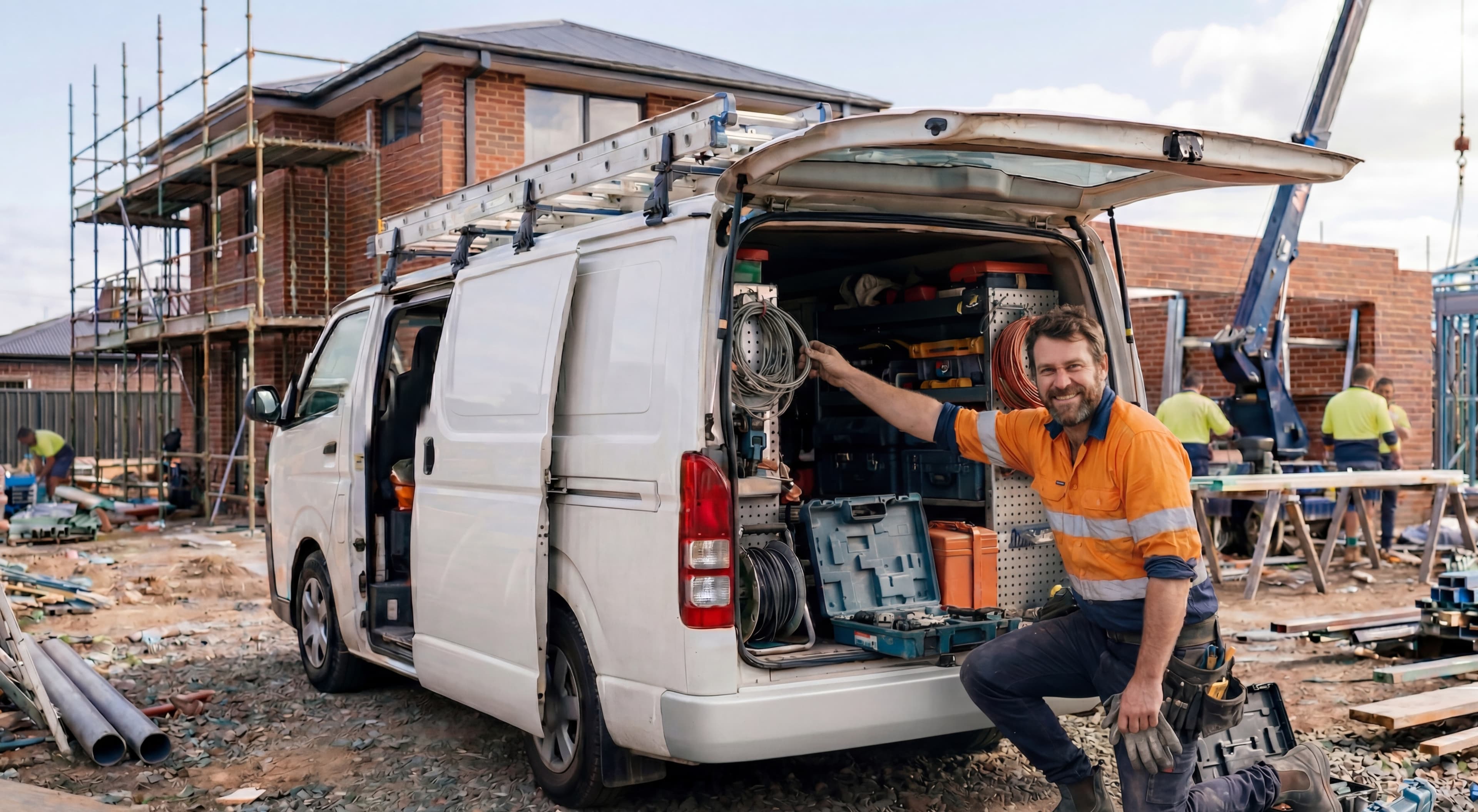 Australian tradie electrician smiling at work van on construction site
