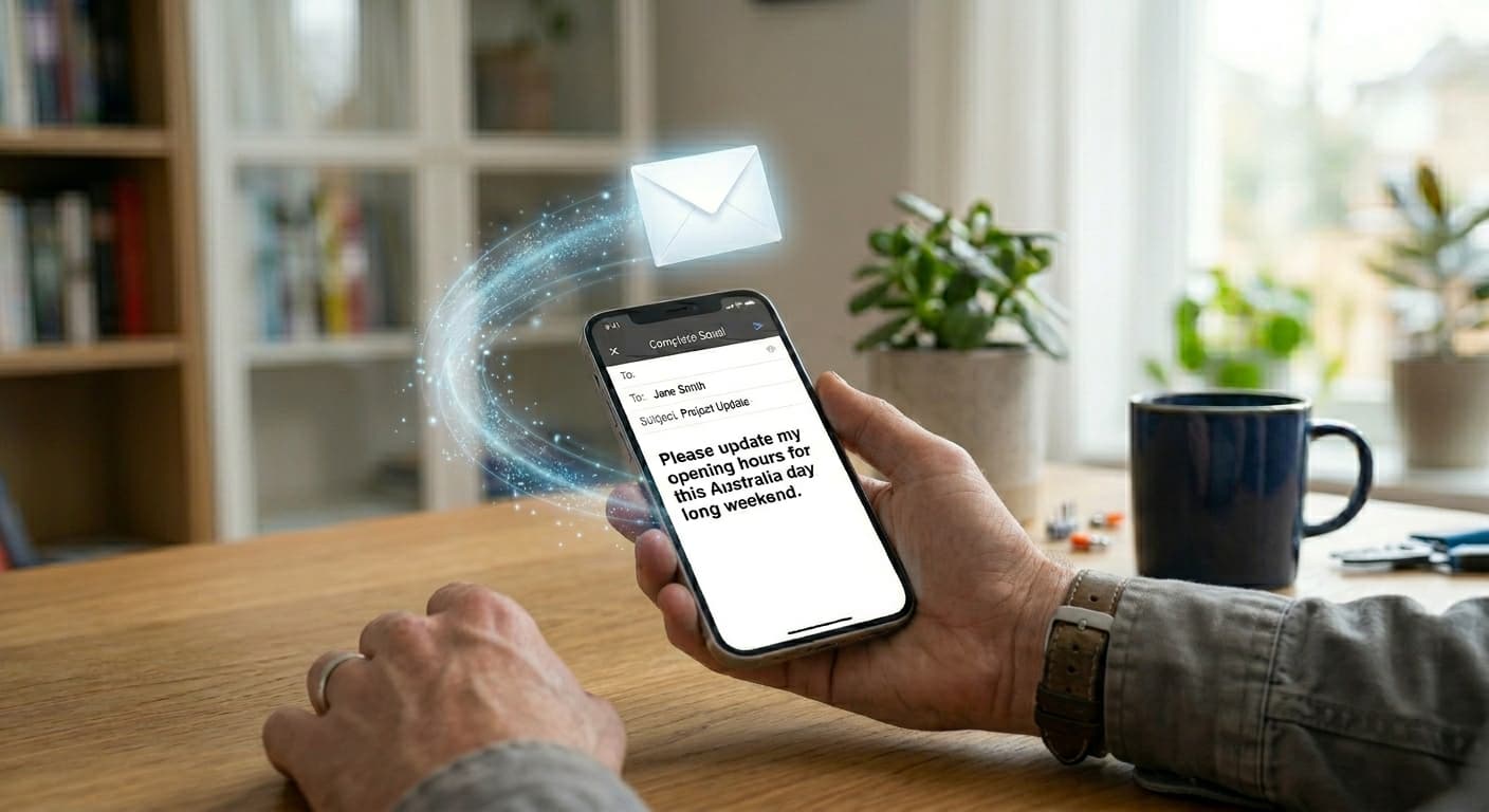 Business owner sending a website update request via email on their phone